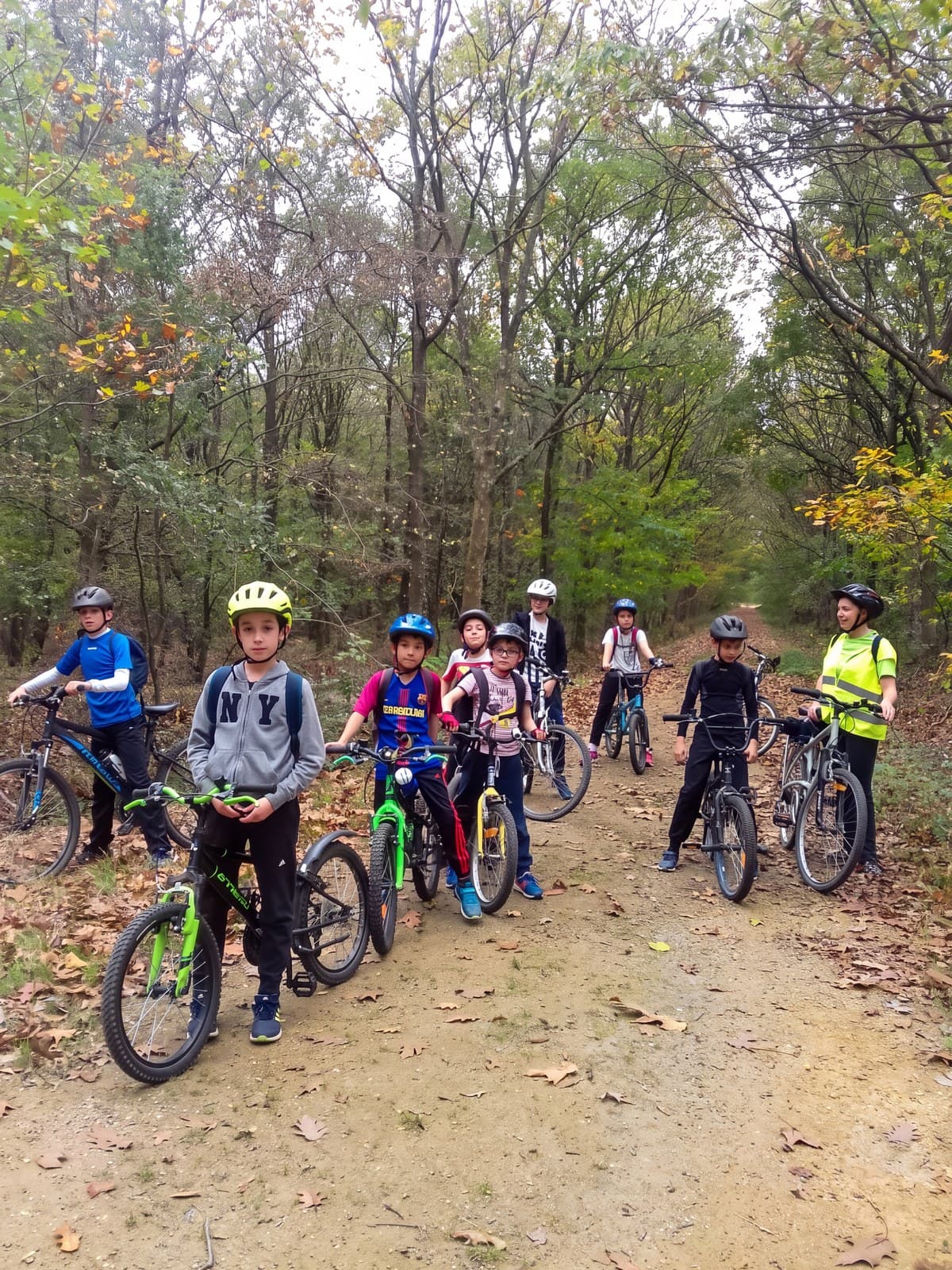 Groupe d’enfants à vélo arrêtés sur un chemin en sous-bois, accompagnés d’un adulte en gilet jaune.