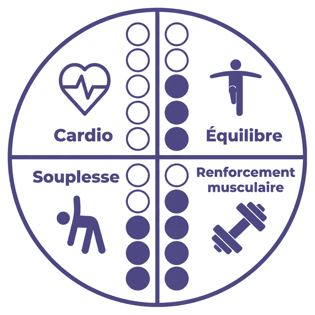 Intensité sur les quatre piliers Sport Vitalité : Cardio 0 sur 5, Équilibre 3 sur 5, Souplesse 3 sur 5, Renforcement musculaire 4 sur 5.