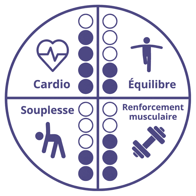 Intensité sur les quatre piliers Sport Vitalité : Cardio 4 sur 5, Équilibre 2 sur 5, Souplesse 2 sur 5, Renforcement musculaire 3 sur 5.