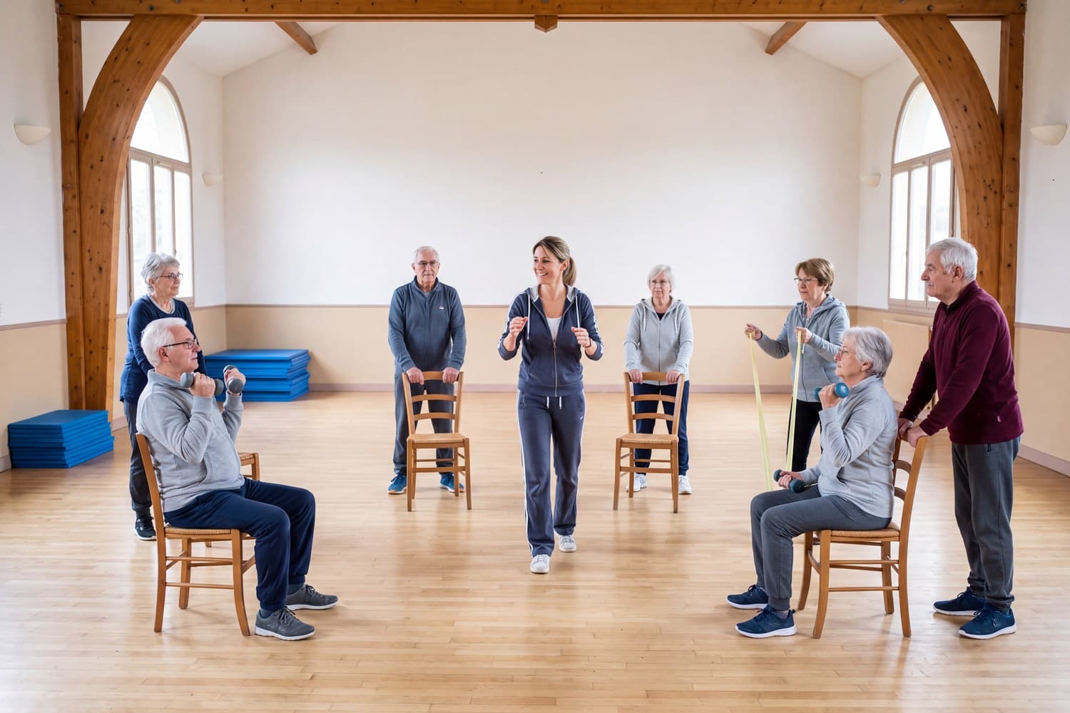 Séance Sport Santé Sénior : travail sur chaise avec petits haltères et élastique, encadré.